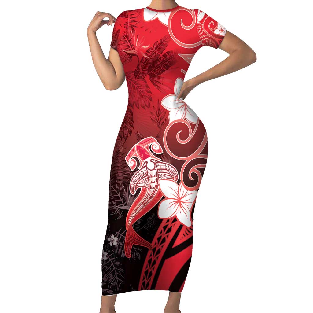 Polynesia Hammerhead Shark Family Matching Short Sleeve Bodycon Dress and Hawaiian Shirt Red Tribal Pattern With Plumeria LT05 Mom's Dress Red - Polynesian Pride