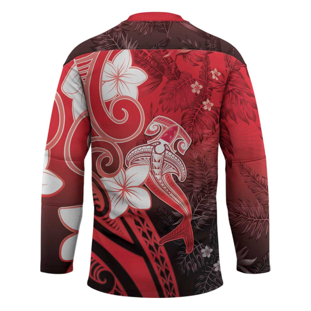 Polynesia Hammerhead Shark Hockey Jersey Red Tribal Pattern With Plumeria LT05 - Polynesian Pride