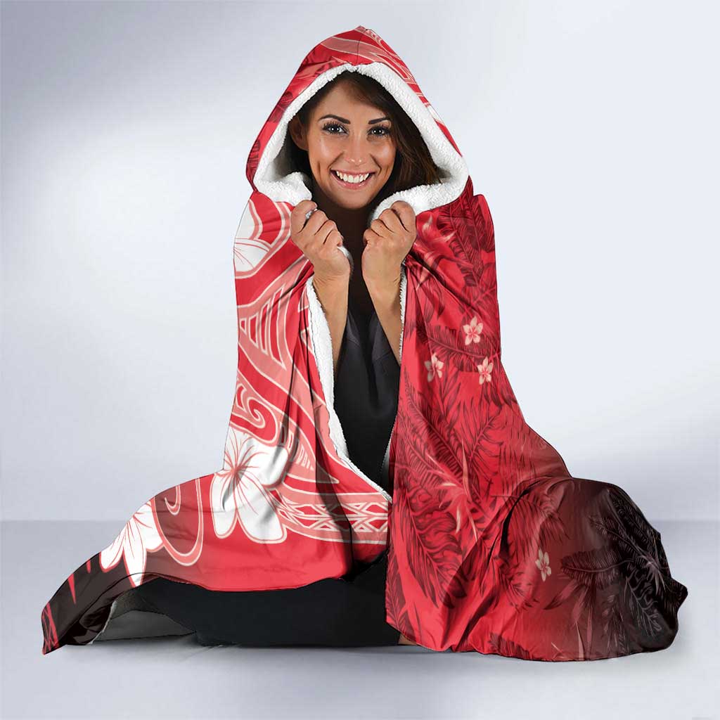 Polynesia Hammerhead Shark Hooded Blanket Red Tribal Pattern With Plumeria - Polynesian Pride