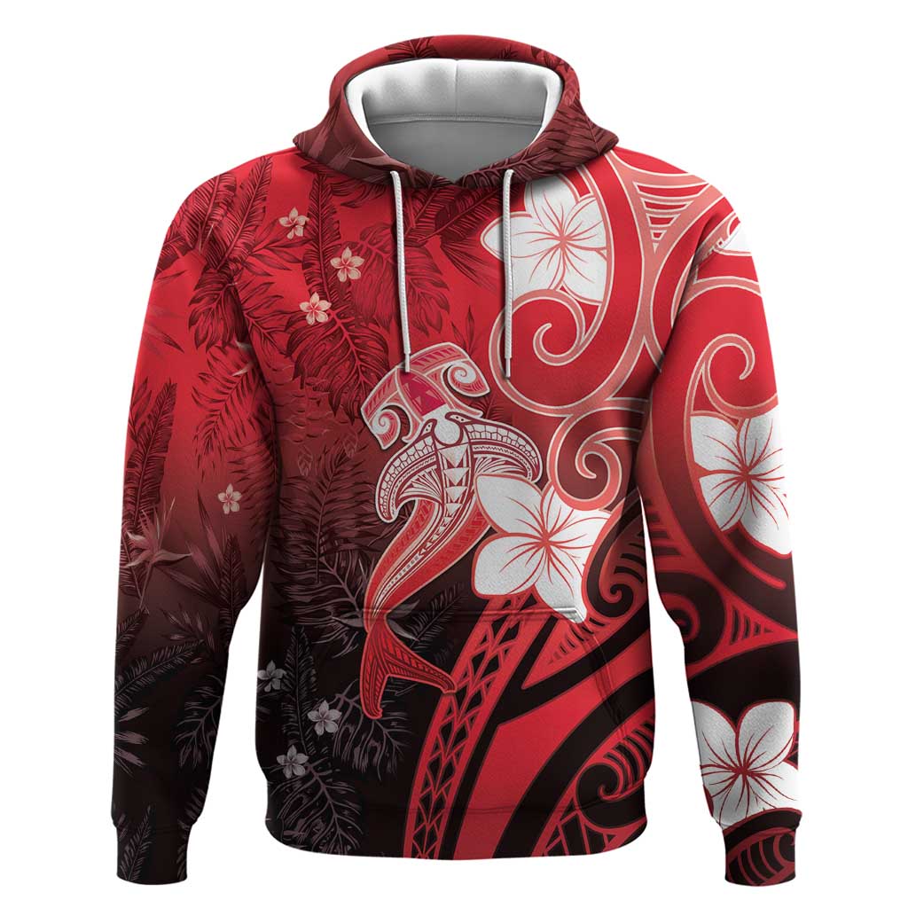 Polynesia Hammerhead Shark Hoodie Red Tribal Pattern With Plumeria - Polynesian Pride