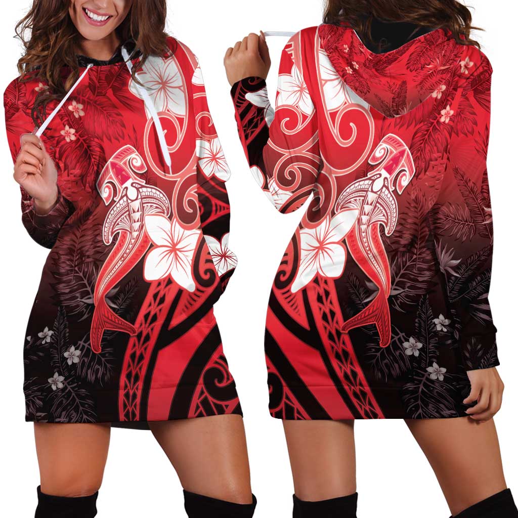 Polynesia Hammerhead Shark Hoodie Dress Red Tribal Pattern With Plumeria - Polynesian Pride