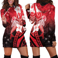 Polynesia Hammerhead Shark Hoodie Dress Red Tribal Pattern With Plumeria - Polynesian Pride