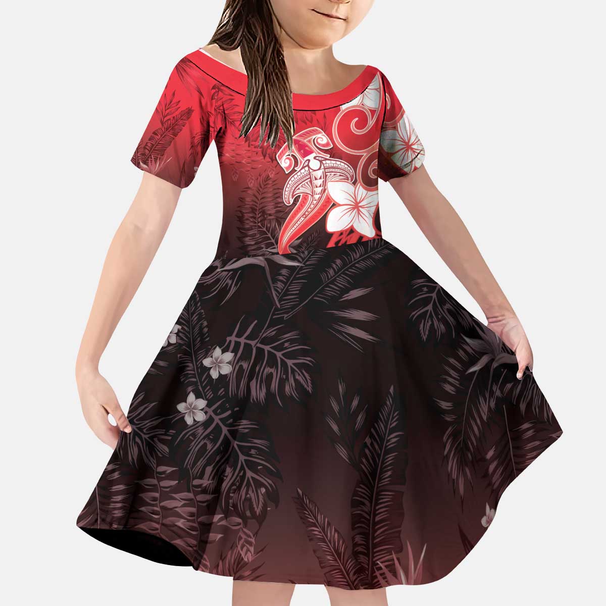 Polynesia Hammerhead Shark Kid Short Sleeve Dress Red Tribal Pattern With Plumeria - Polynesian Pride