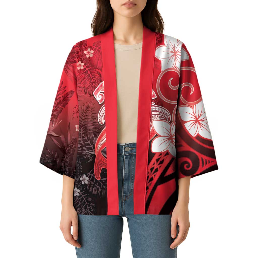 Polynesia Hammerhead Shark Kimono Red Tribal Pattern With Plumeria LT05 - Polynesian Pride