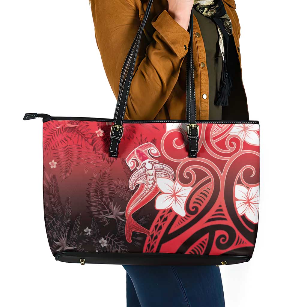 Polynesia Hammerhead Shark Leather Tote Bag Red Tribal Pattern With Plumeria LT05 - Polynesian Pride