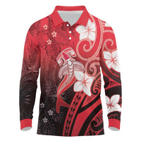 Polynesia Hammerhead Shark Long Sleeve Polo Shirt Red Tribal Pattern With Plumeria - Polynesian Pride