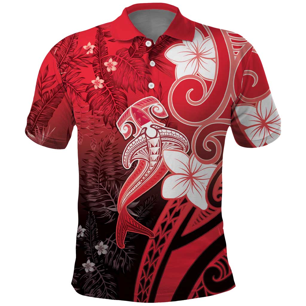 Polynesia Hammerhead Shark Polo Shirt Red Tribal Pattern With Plumeria - Polynesian Pride