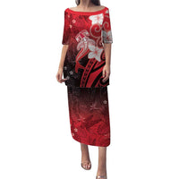 Polynesia Hammerhead Shark Puletasi Red Tribal Pattern With Plumeria - Polynesian Pride