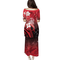 Polynesia Hammerhead Shark Puletasi Red Tribal Pattern With Plumeria - Polynesian Pride