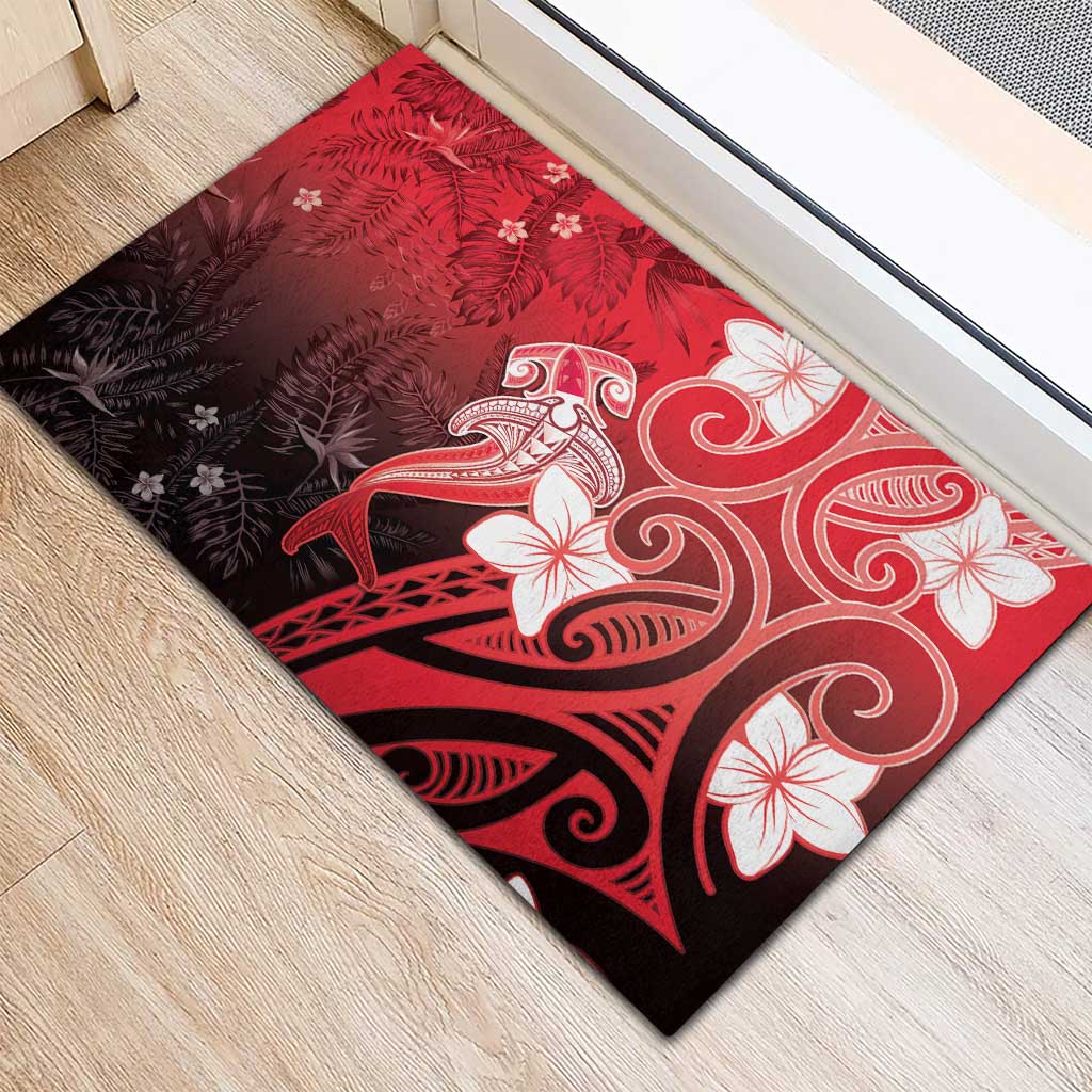 Polynesia Hammerhead Shark Rubber Doormat Red Tribal Pattern With Plumeria - Polynesian Pride
