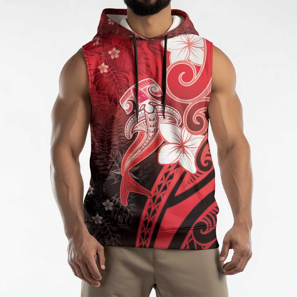 Polynesia Hammerhead Shark Sleeveless Hoodie Red Tribal Pattern With Plumeria LT05 - Polynesian Pride