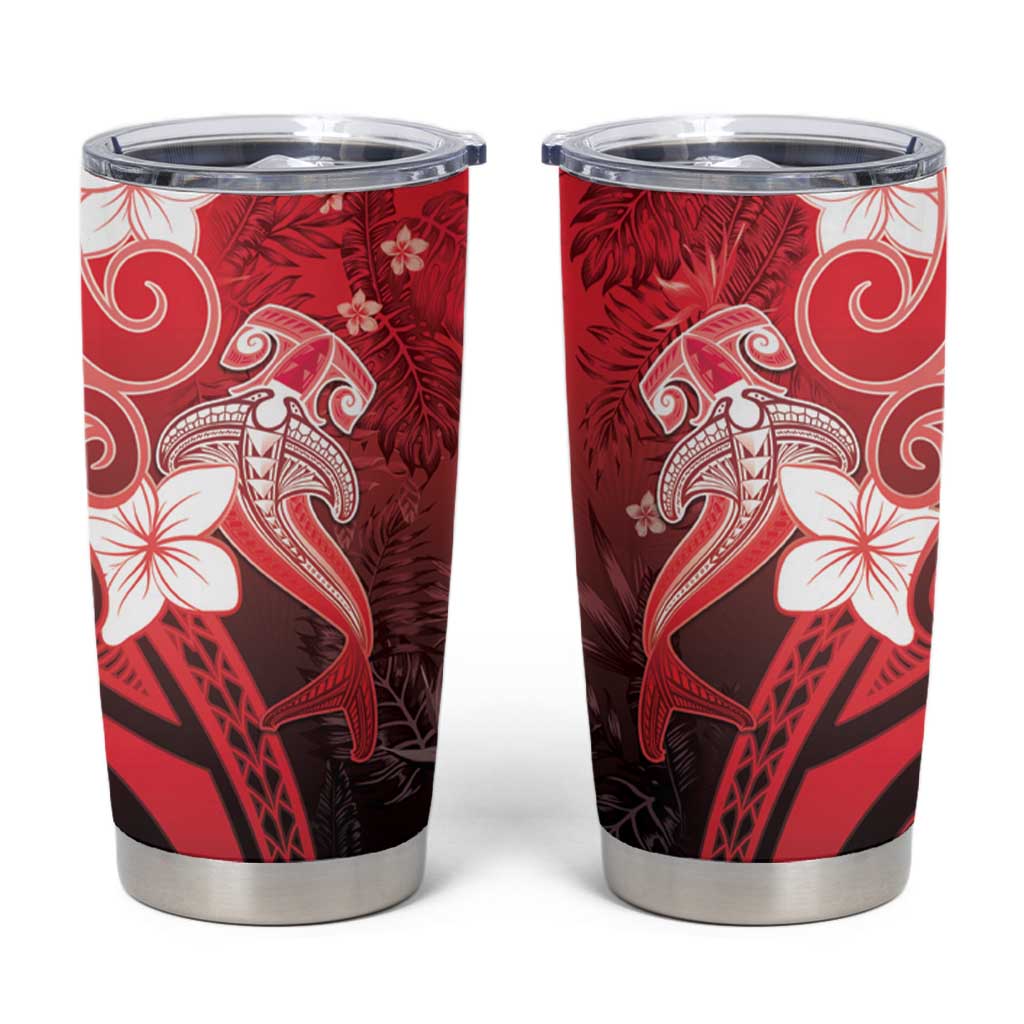 Polynesia Hammerhead Shark Tumbler Cup Red Tribal Pattern With Plumeria - Polynesian Pride