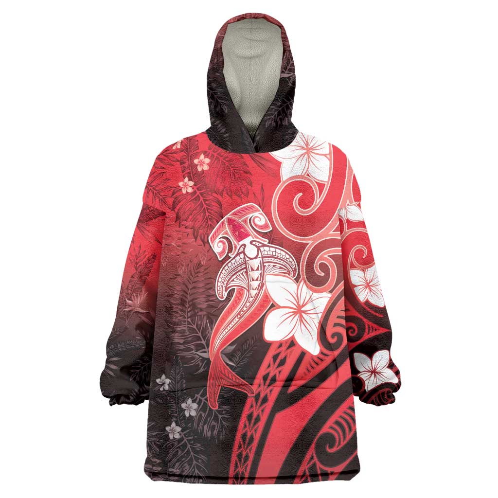 Polynesia Hammerhead Shark Wearable Blanket Hoodie Red Tribal Pattern With Plumeria - Polynesian Pride