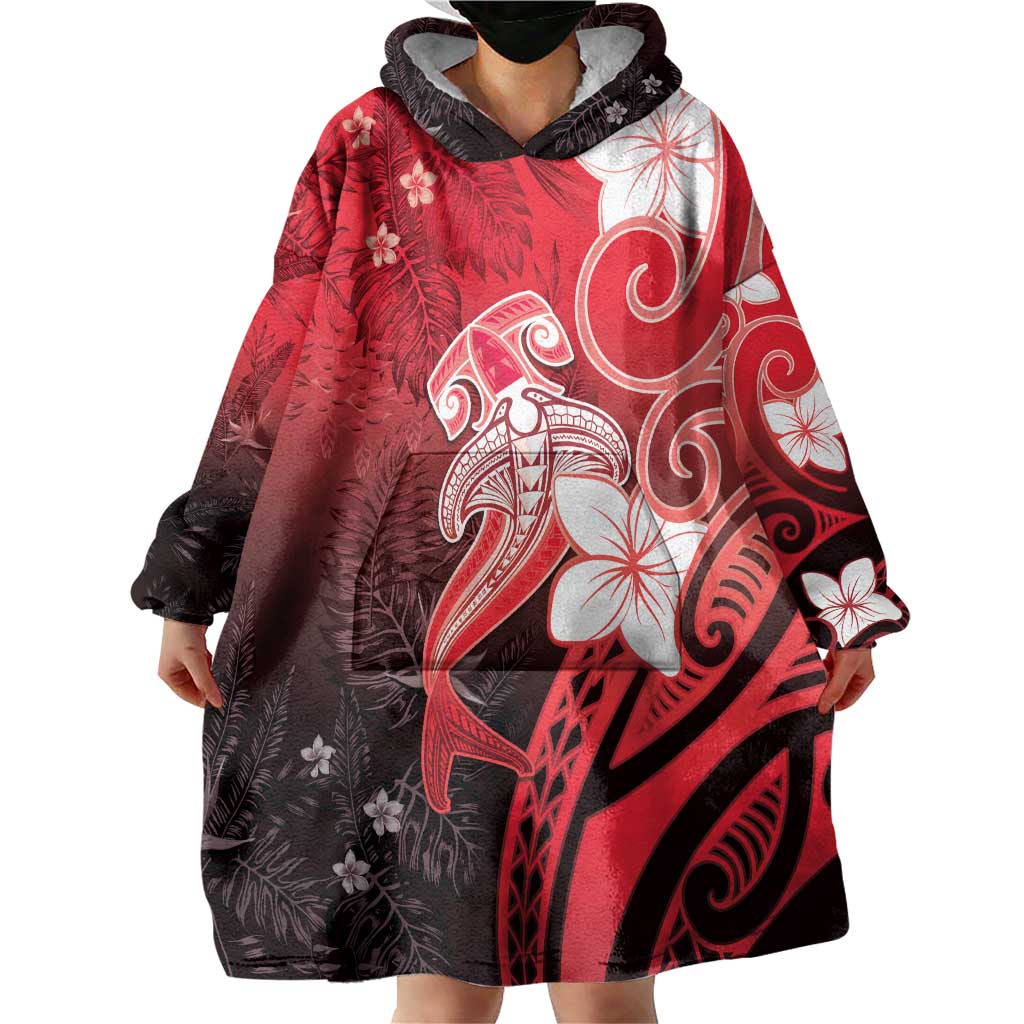 Polynesia Hammerhead Shark Wearable Blanket Hoodie Red Tribal Pattern With Plumeria - Polynesian Pride