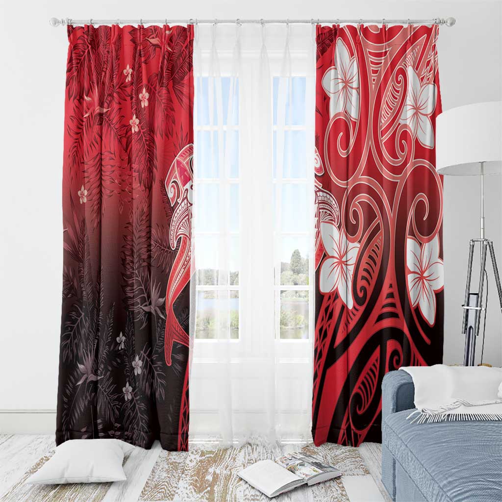 Polynesia Hammerhead Shark Window Curtain Red Tribal Pattern With Plumeria LT05 - Polynesian Pride
