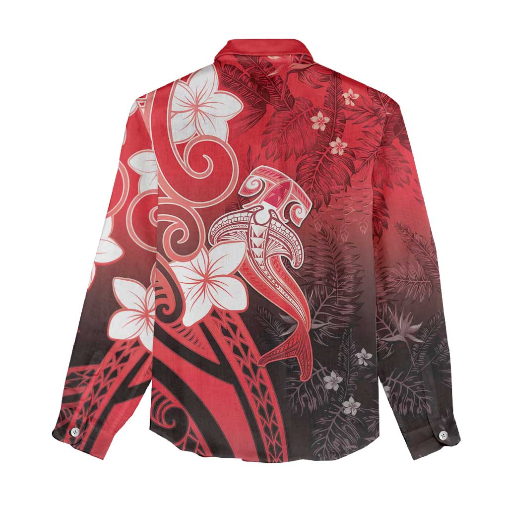 Polynesia Hammerhead Shark Women Casual Shirt Red Tribal Pattern With Plumeria LT05 - Polynesian Pride