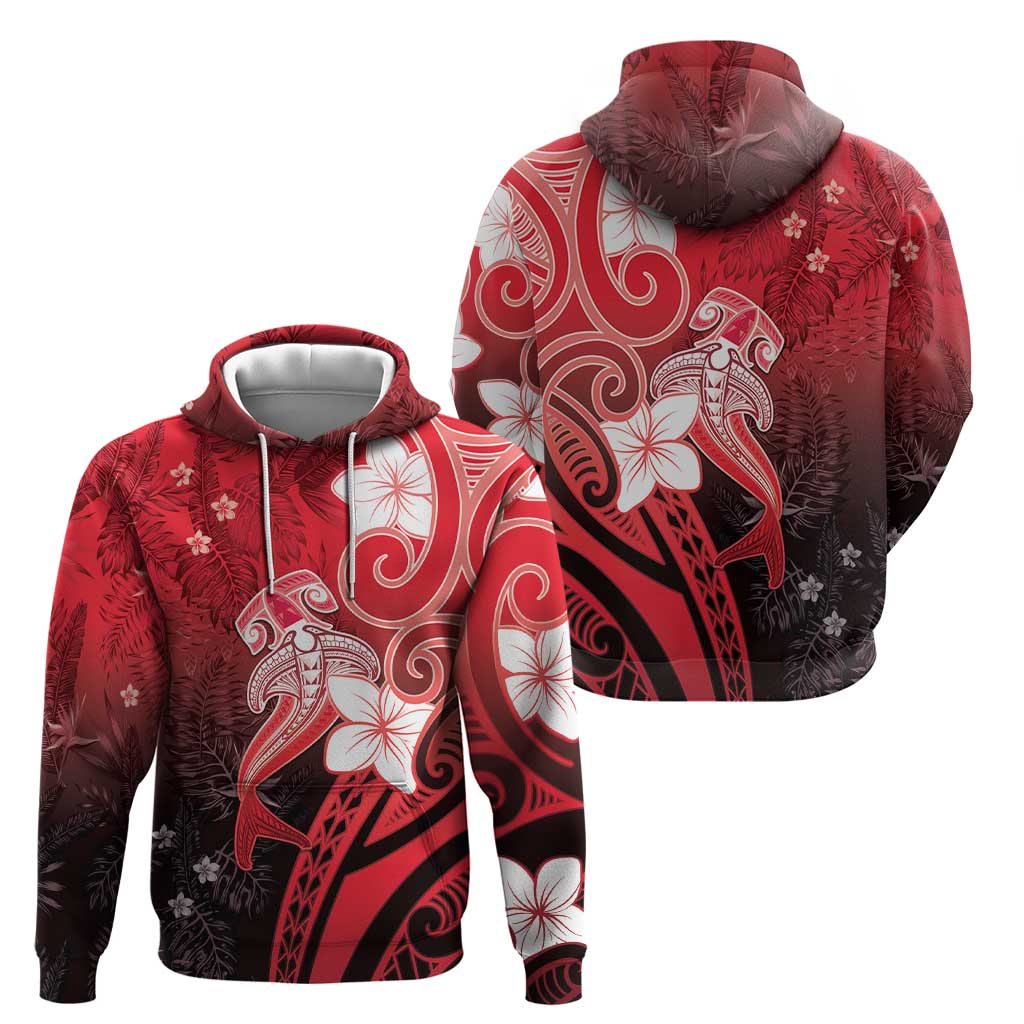 Polynesia Hammerhead Shark Zip Hoodie Red Tribal Pattern With Plumeria - Polynesian Pride