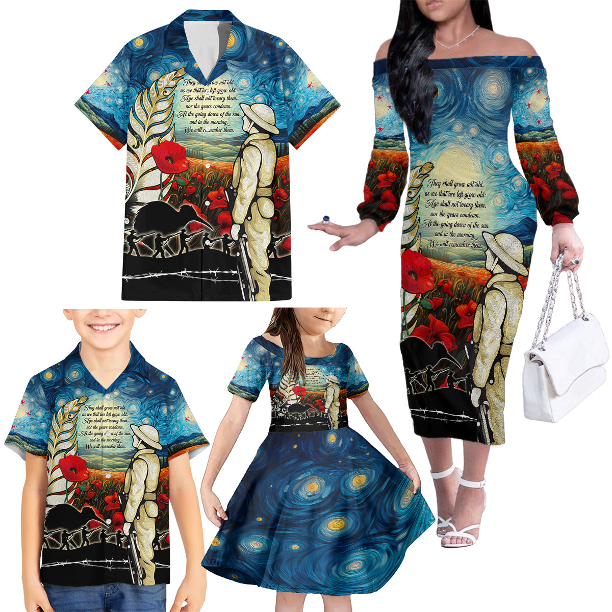 Kei Wareware Tatou New Zealand ANZAC Day Family Matching Off Shoulder Long Sleeve Dress and Hawaiian Shirt Starry Night Inspo Style LT05 - Polynesian Pride