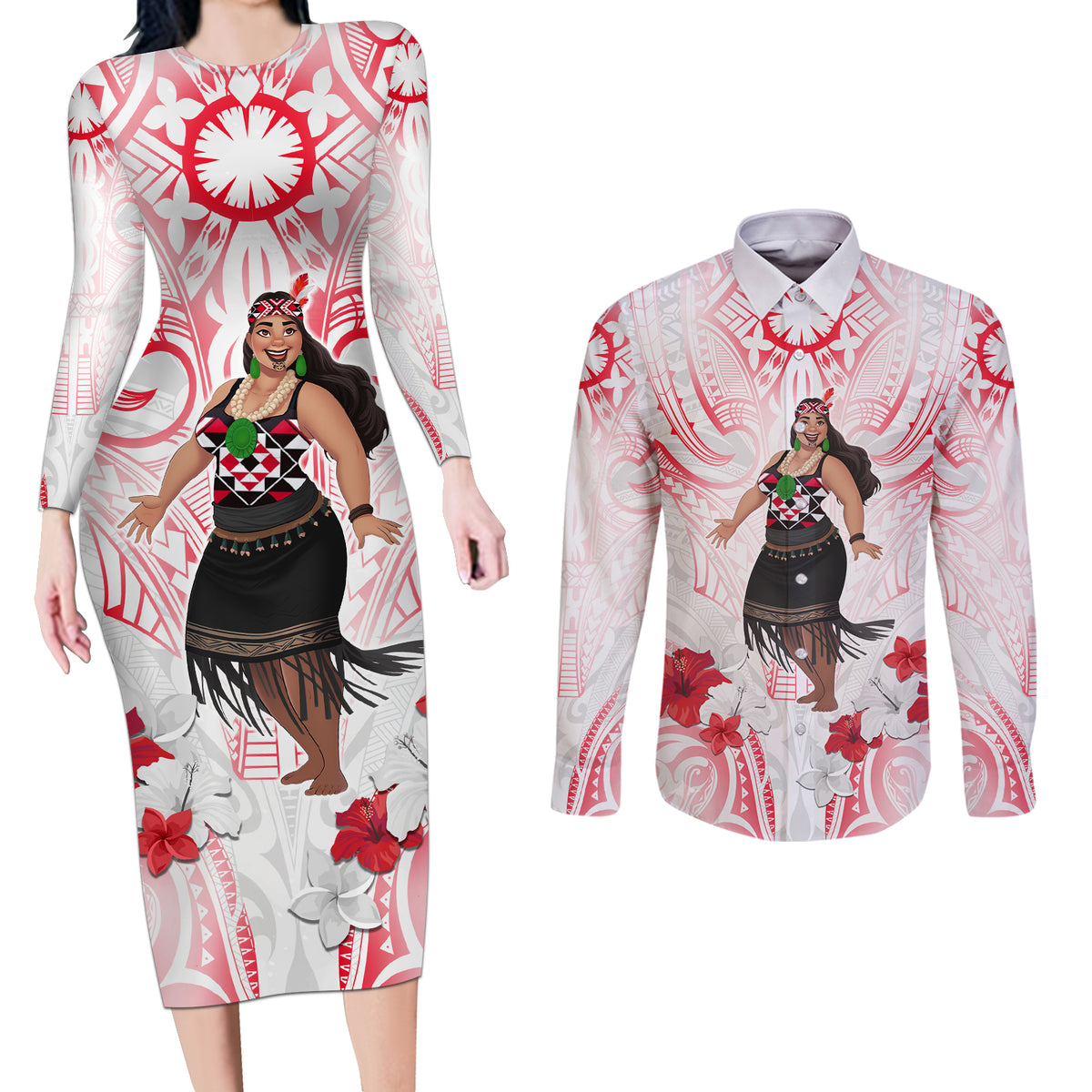 New Zealand Women's Day Couples Matching Long Sleeve Bodycon Dress and Long Sleeve Button Shirt Maori Wahine Polynesian Pattern LT05 White - Polynesian Pride