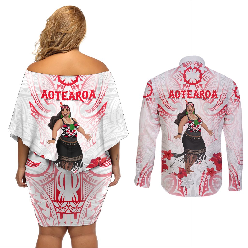 New Zealand Women's Day Couples Matching Off Shoulder Short Dress and Long Sleeve Button Shirt Maori Wahine Polynesian Pattern LT05 - Polynesian Pride