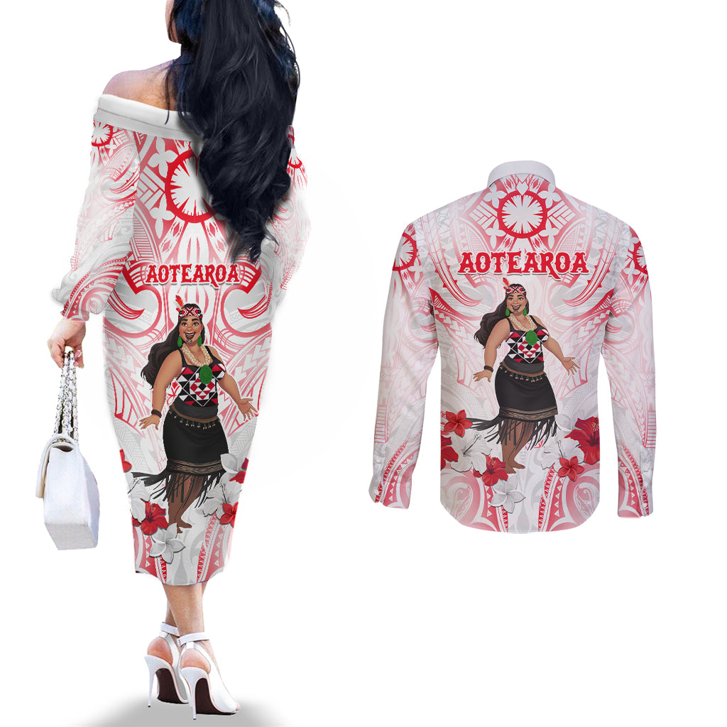 New Zealand Women's Day Couples Matching Off The Shoulder Long Sleeve Dress and Long Sleeve Button Shirt Maori Wahine Polynesian Pattern LT05 - Polynesian Pride