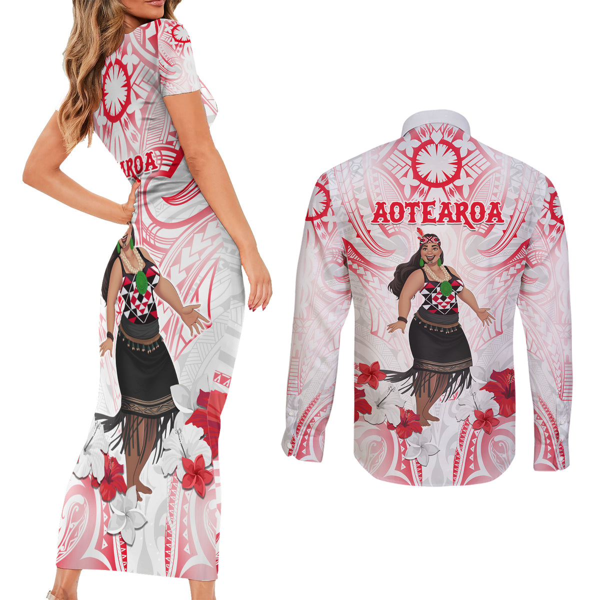 New Zealand Women's Day Couples Matching Short Sleeve Bodycon Dress and Long Sleeve Button Shirt Maori Wahine Polynesian Pattern LT05 - Polynesian Pride