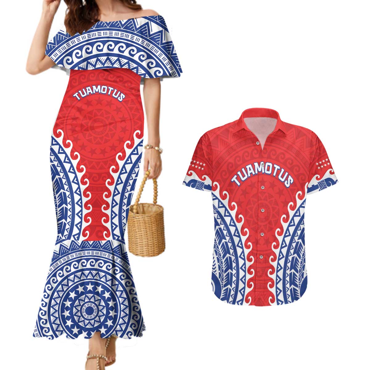 Custom Tuamotu Archipelago Couples Matching Mermaid Dress and Hawaiian Shirt Polynesian Tribal Tattoo
