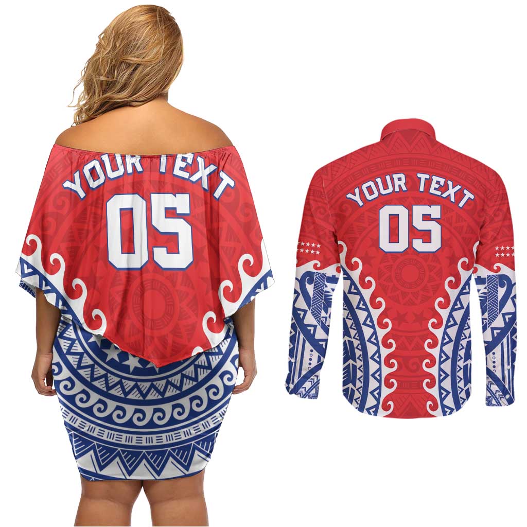 Custom Tuamotu Archipelago Couples Matching Off Shoulder Short Dress and Long Sleeve Button Shirt Polynesian Tribal Tattoo