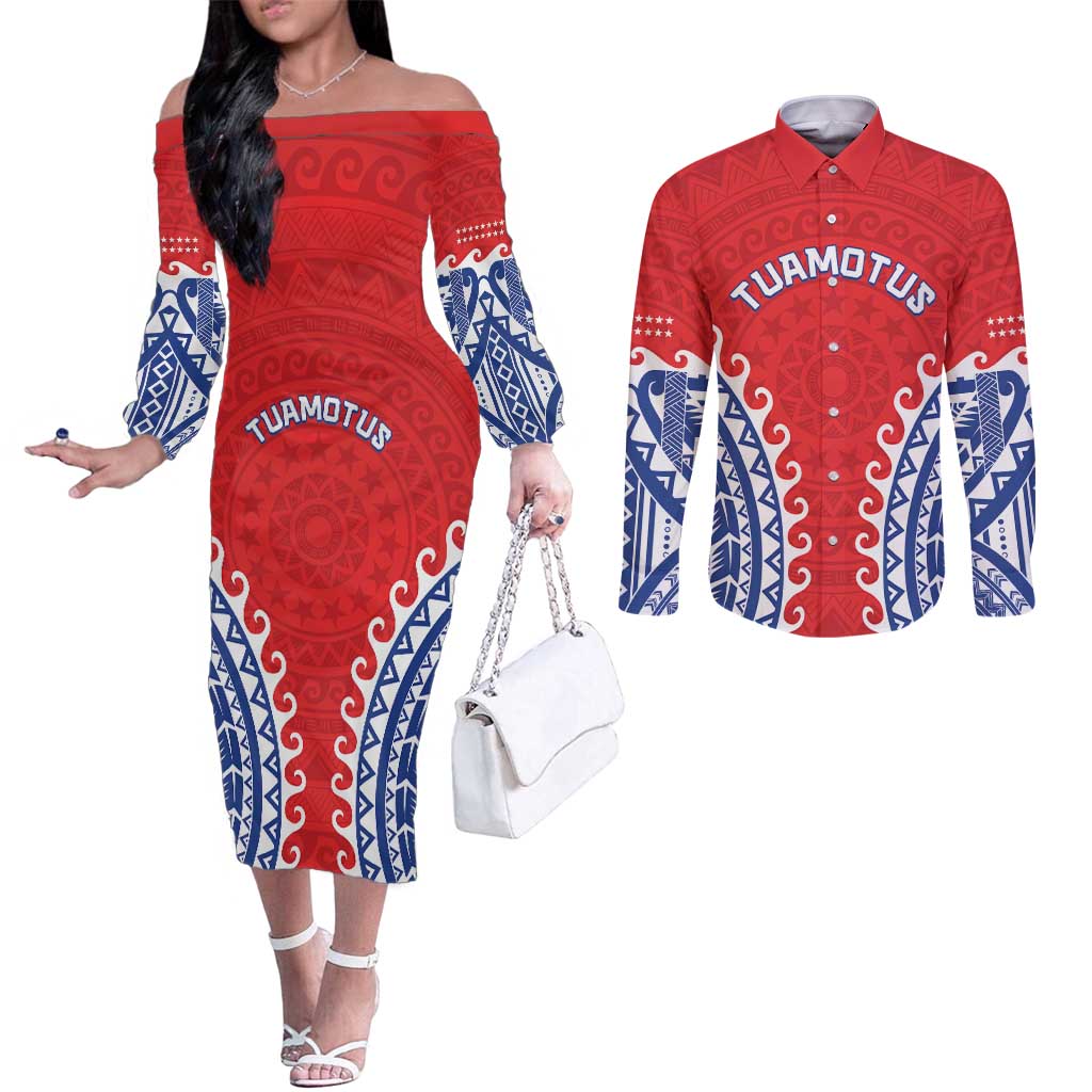 Custom Tuamotu Archipelago Couples Matching Off The Shoulder Long Sleeve Dress and Long Sleeve Button Shirt Polynesian Tribal Tattoo