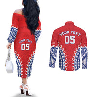 Custom Tuamotu Archipelago Couples Matching Off The Shoulder Long Sleeve Dress and Long Sleeve Button Shirt Polynesian Tribal Tattoo