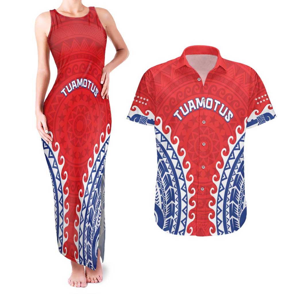 Custom Tuamotu Archipelago Couples Matching Tank Maxi Dress and Hawaiian Shirt Polynesian Tribal Tattoo