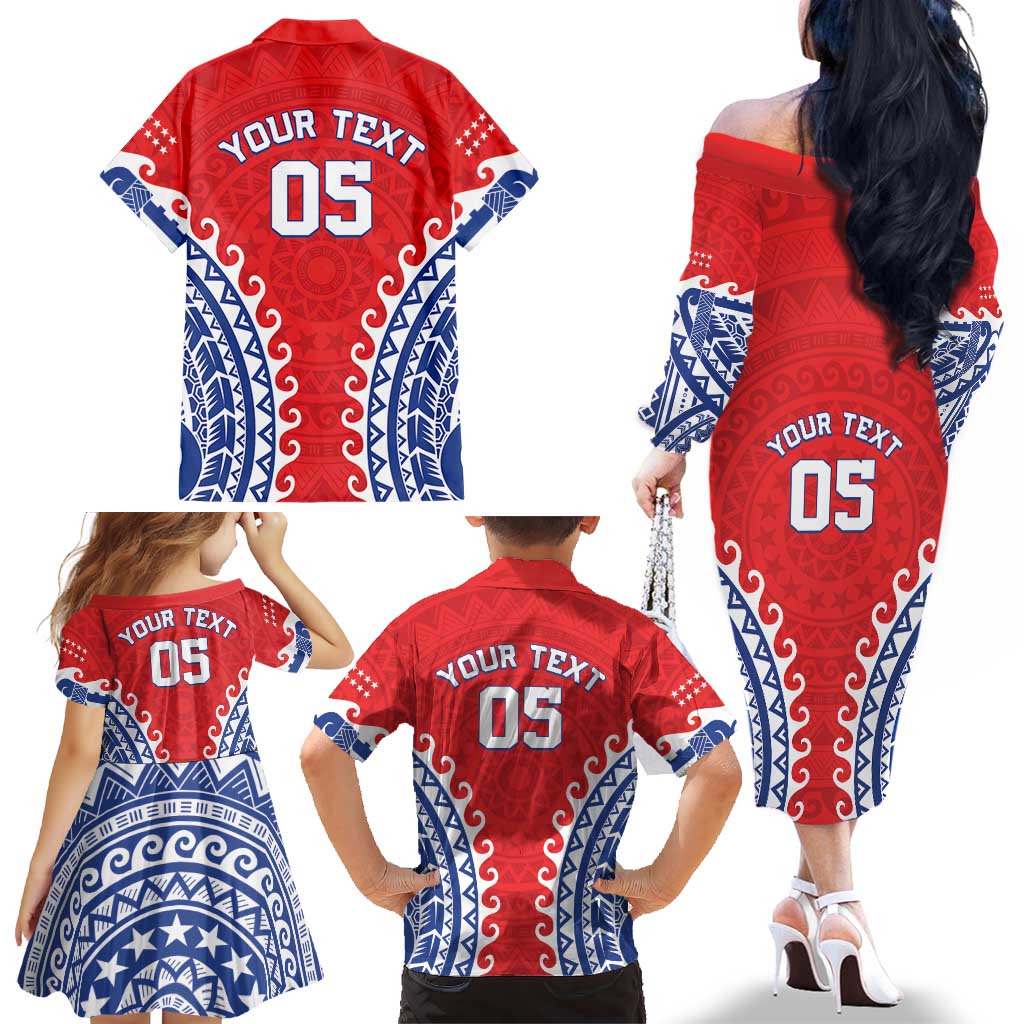 Custom Tuamotu Archipelago Family Matching Off The Shoulder Long Sleeve Dress and Hawaiian Shirt Polynesian Tribal Tattoo