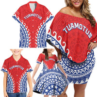 Custom Tuamotu Archipelago Family Matching Off Shoulder Short Dress and Hawaiian Shirt Polynesian Tribal Tattoo