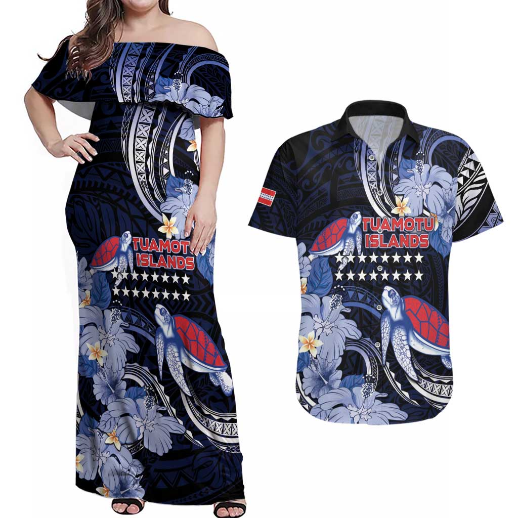 Tuamotu Islands Couples Matching Off Shoulder Maxi Dress and Hawaiian Shirt Polynesian Pattern With Turtle