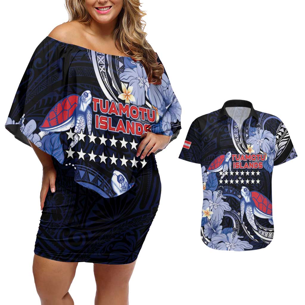 Tuamotu Islands Couples Matching Off Shoulder Short Dress and Hawaiian Shirt Polynesian Pattern With Turtle