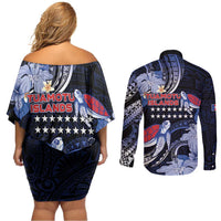 Tuamotu Islands Couples Matching Off Shoulder Short Dress and Long Sleeve Button Shirt Polynesian Pattern With Turtle