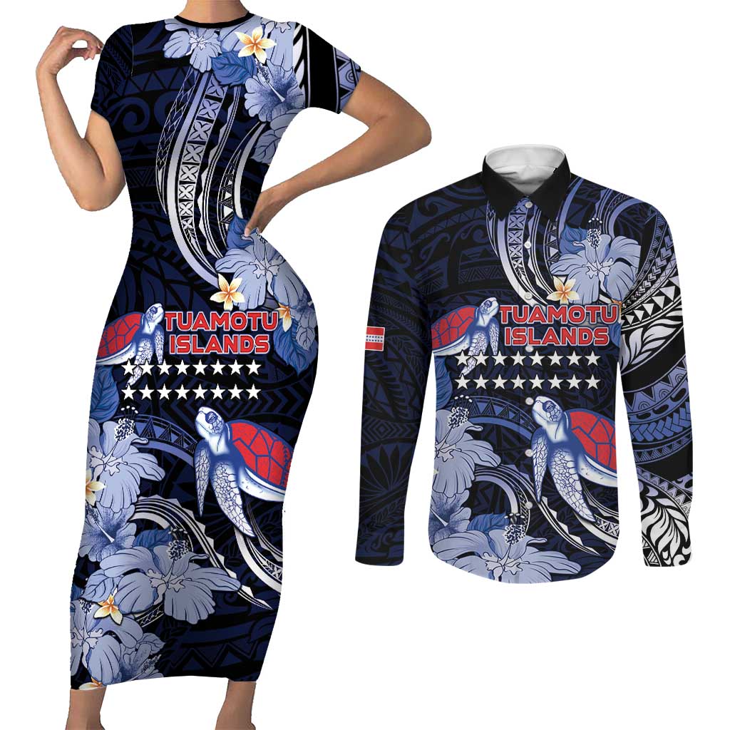 Tuamotu Islands Couples Matching Short Sleeve Bodycon Dress and Long Sleeve Button Shirt Polynesian Pattern With Turtle