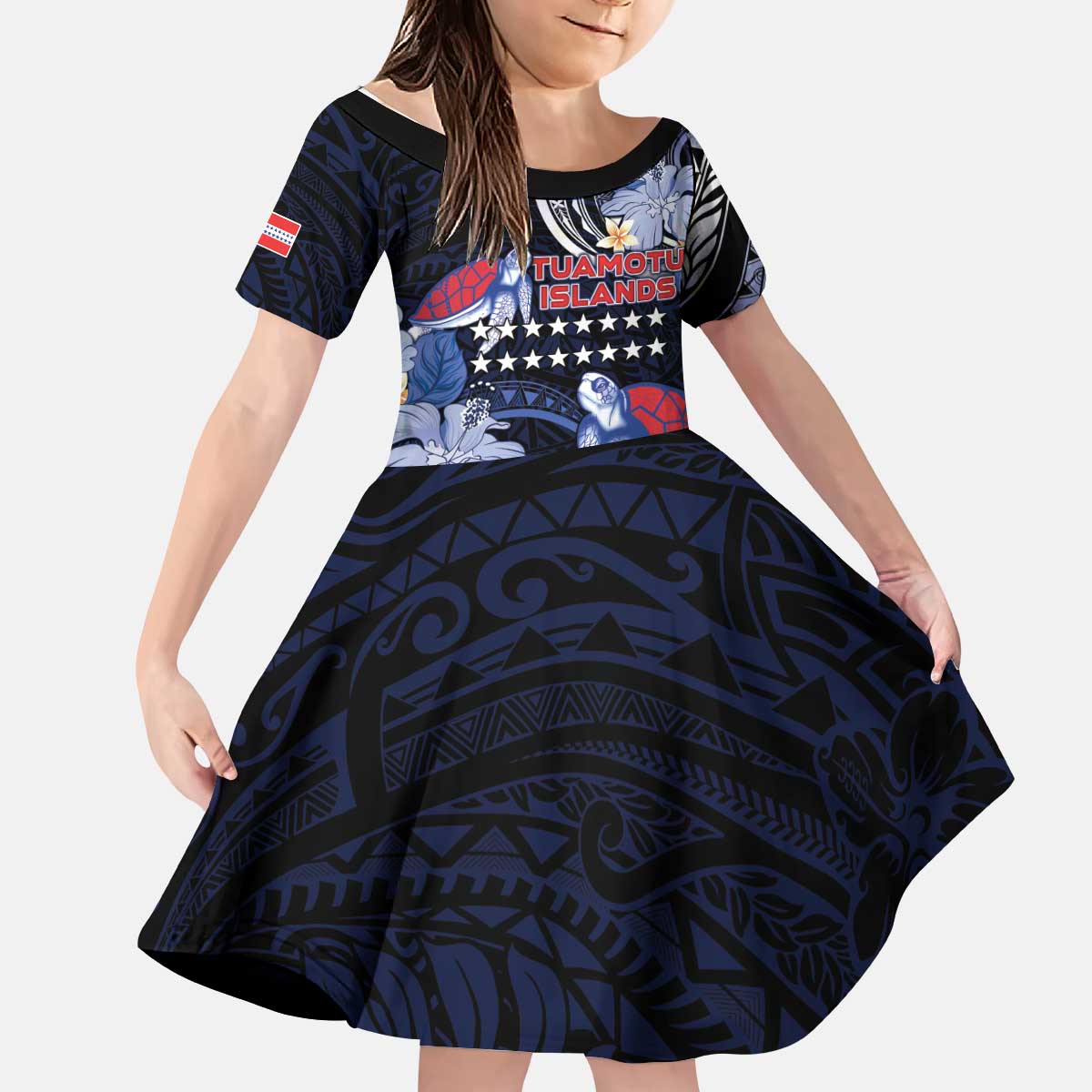 Tuamotu Islands Kid Short Sleeve Dress Polynesian Pattern With Turtle