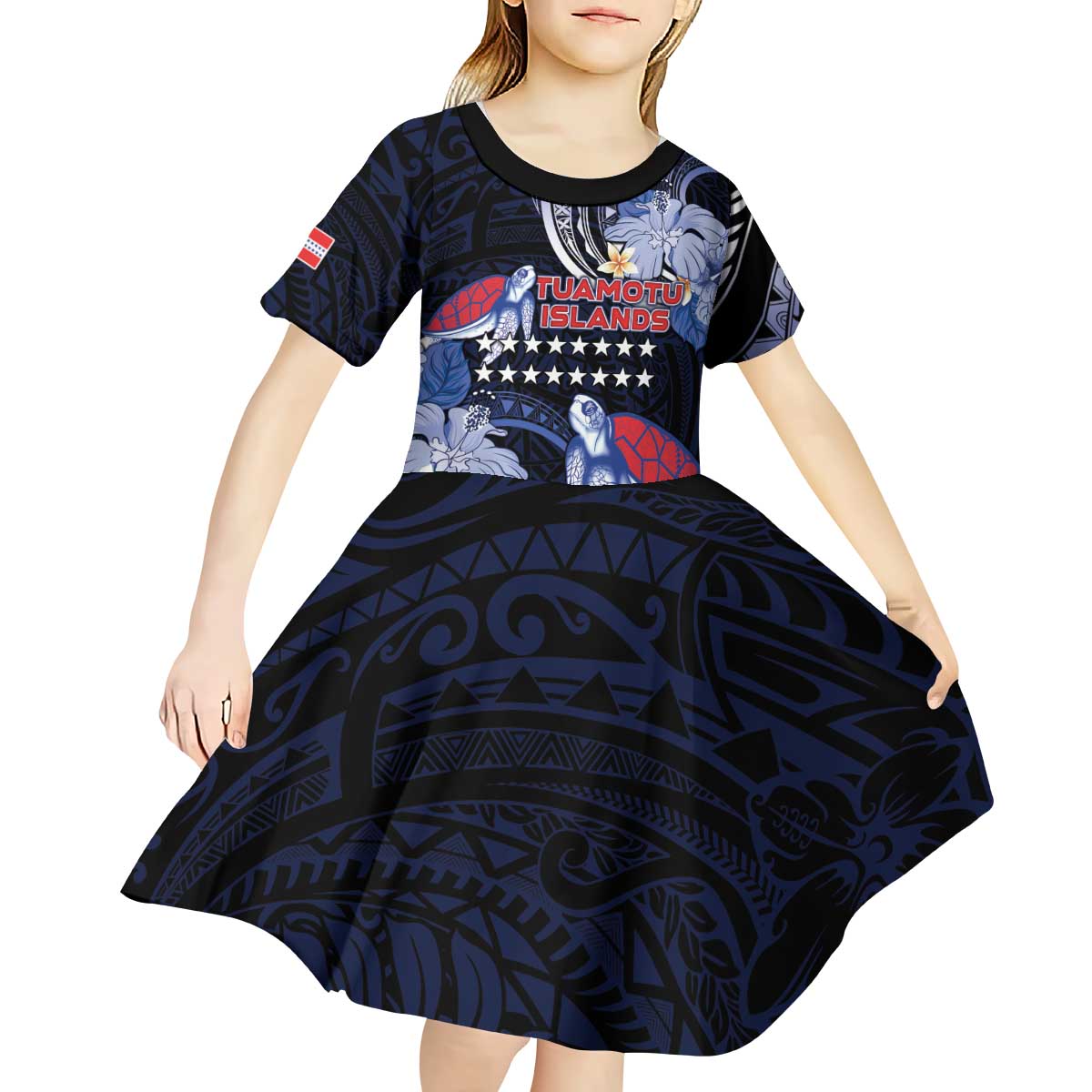 Tuamotu Islands Kid Short Sleeve Dress Polynesian Pattern With Turtle