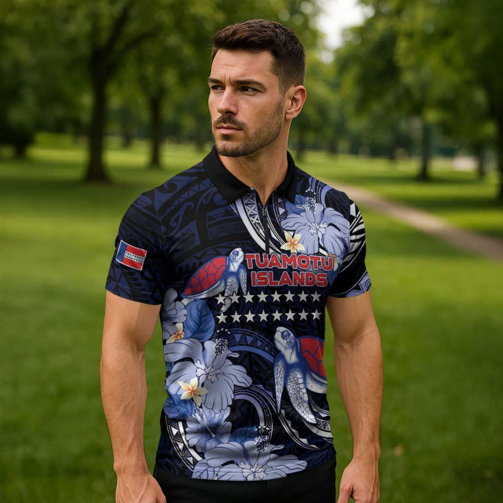 Tuamotu Islands Zipper Polo Shirt Polynesian Pattern With Turtle