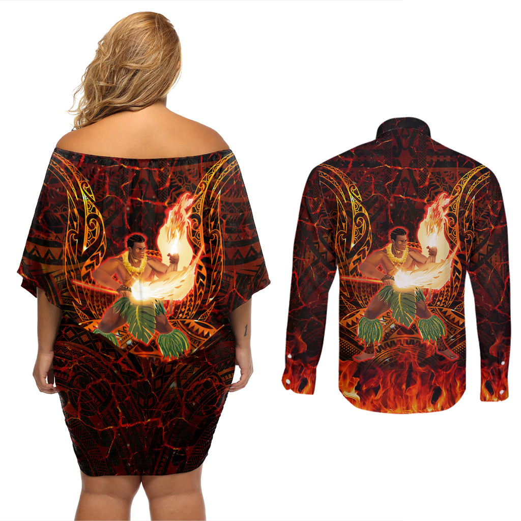 Samoa Siva Afi Festival Couples Matching Off Shoulder Short Dress and Long Sleeve Button Shirt Fire Knife Dancing LT05 - Polynesian Pride
