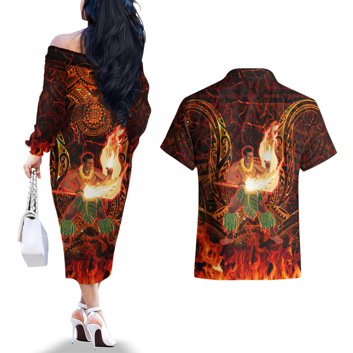 Samoa Siva Afi Festival Couples Matching Off The Shoulder Long Sleeve Dress and Hawaiian Shirt Fire Knife Dancing LT05 - Polynesian Pride