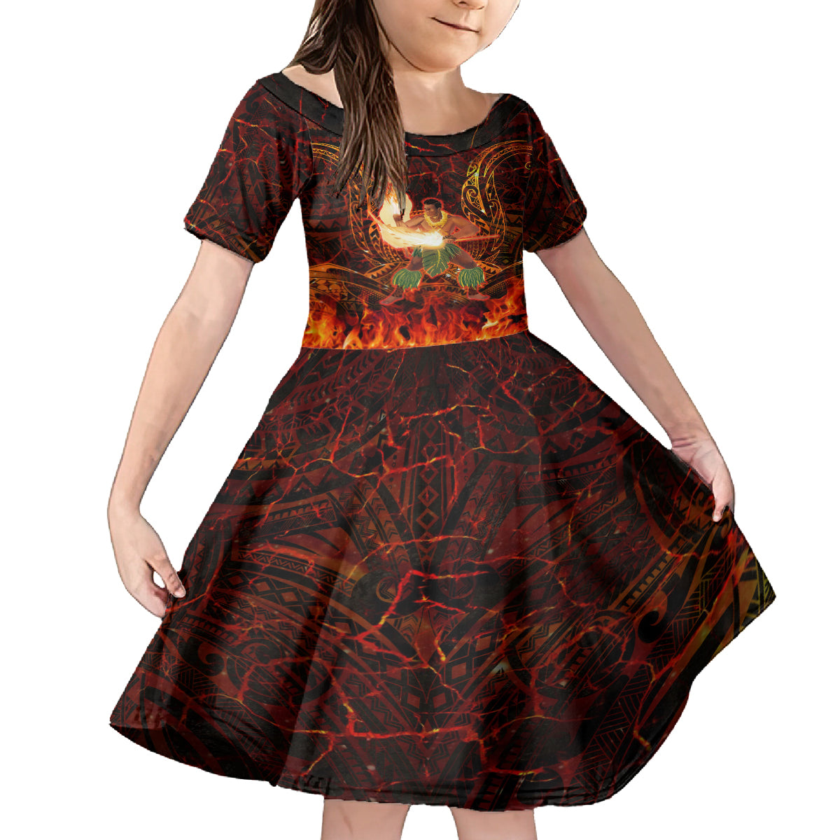 Samoa Siva Afi Festival Family Matching Off Shoulder Short Dress and Hawaiian Shirt Fire Knife Dancing LT05 Daughter's Dress Green - Polynesian Pride