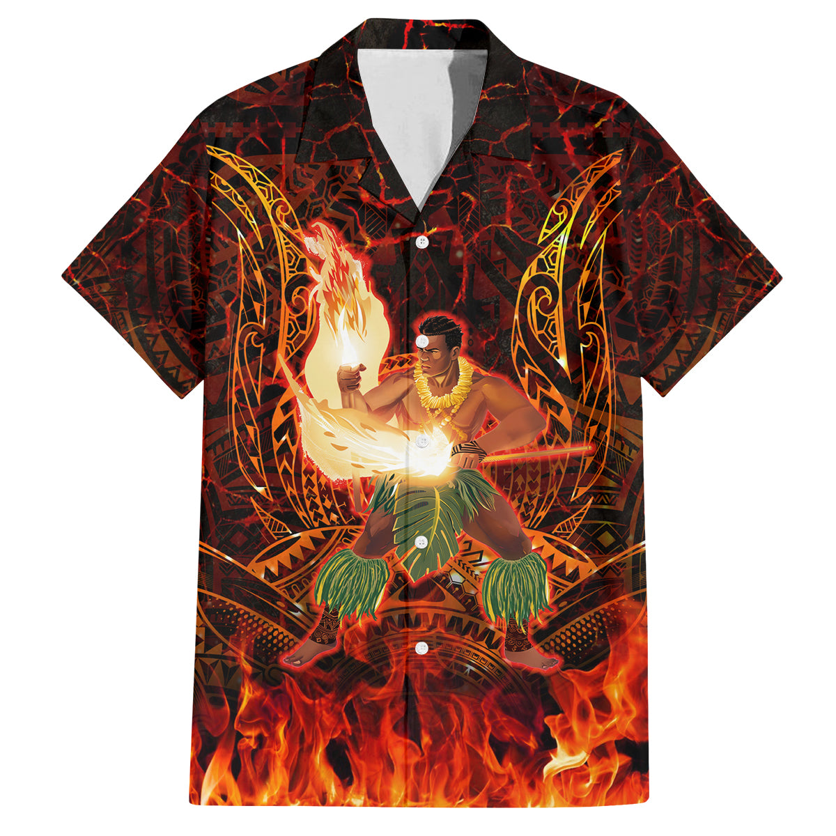 Samoa Siva Afi Festival Family Matching Off Shoulder Short Dress and Hawaiian Shirt Fire Knife Dancing LT05 Dad's Shirt - Short Sleeve Green - Polynesian Pride