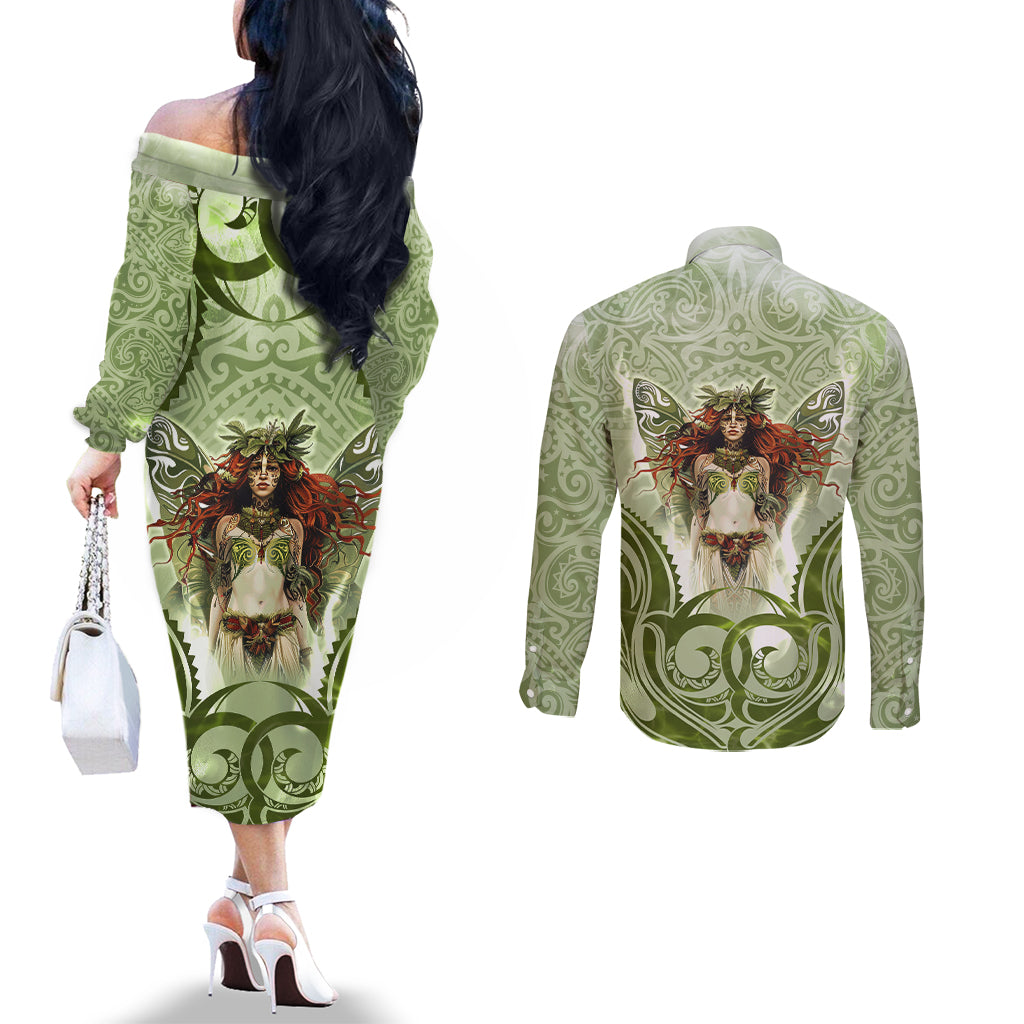 New Zealand Maori Fairy Patupaiarehe Couples Matching Off The Shoulder Long Sleeve Dress and Long Sleeve Button Shirt Polynesian Style LT05 - Polynesian Pride