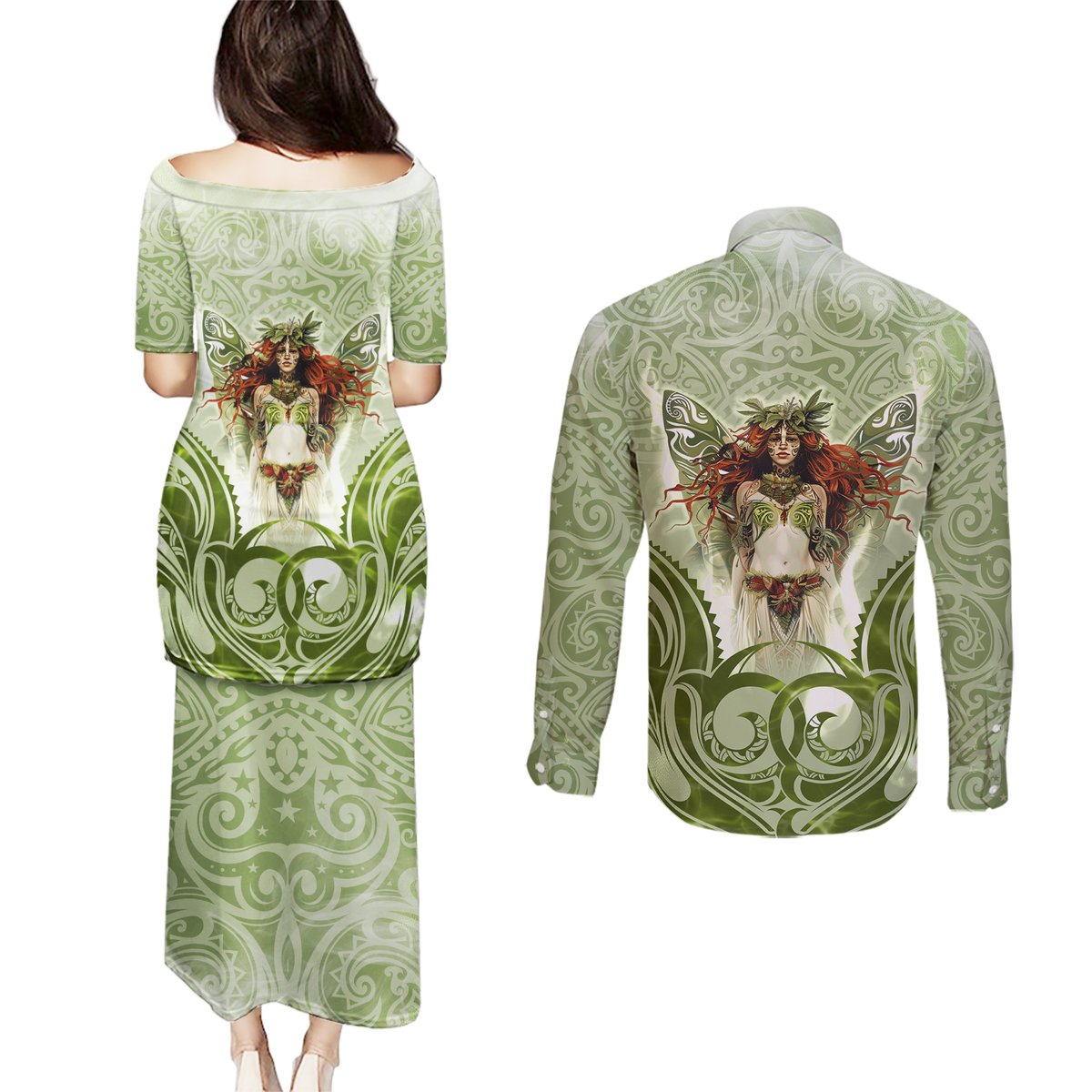 New Zealand Maori Fairy Patupaiarehe Couples Matching Puletasi and Long Sleeve Button Shirt Polynesian Style LT05 - Polynesian Pride