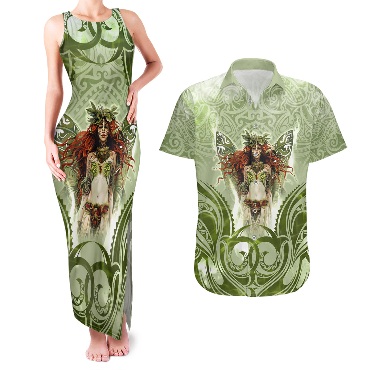 New Zealand Maori Fairy Patupaiarehe Couples Matching Tank Maxi Dress and Hawaiian Shirt Polynesian Style LT05 Red - Polynesian Pride