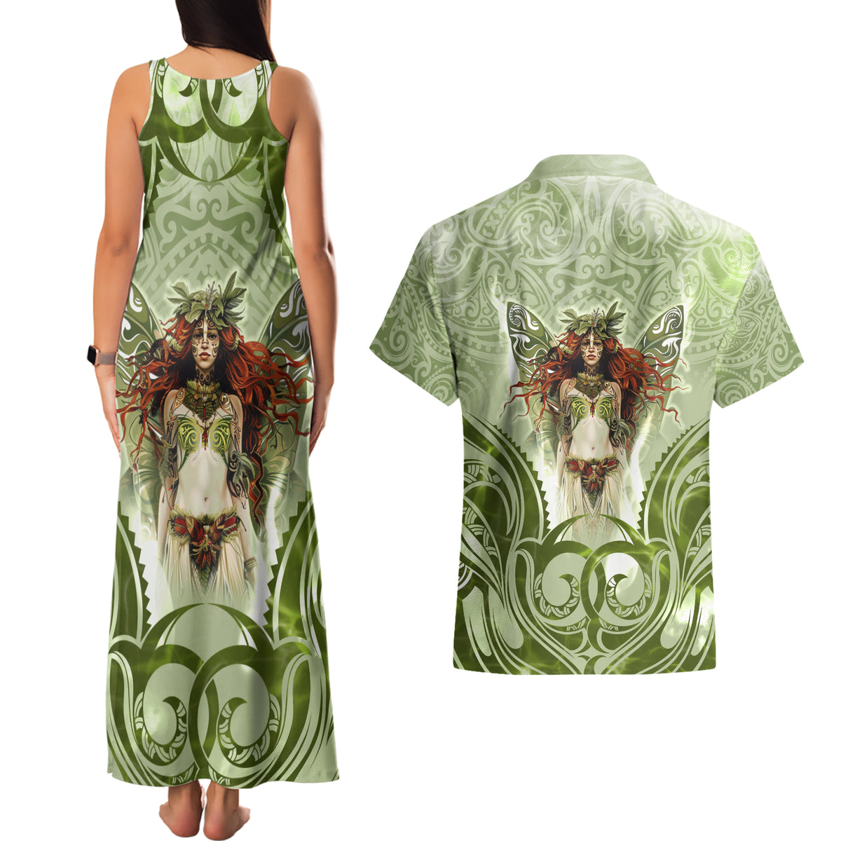 New Zealand Maori Fairy Patupaiarehe Couples Matching Tank Maxi Dress and Hawaiian Shirt Polynesian Style LT05 - Polynesian Pride