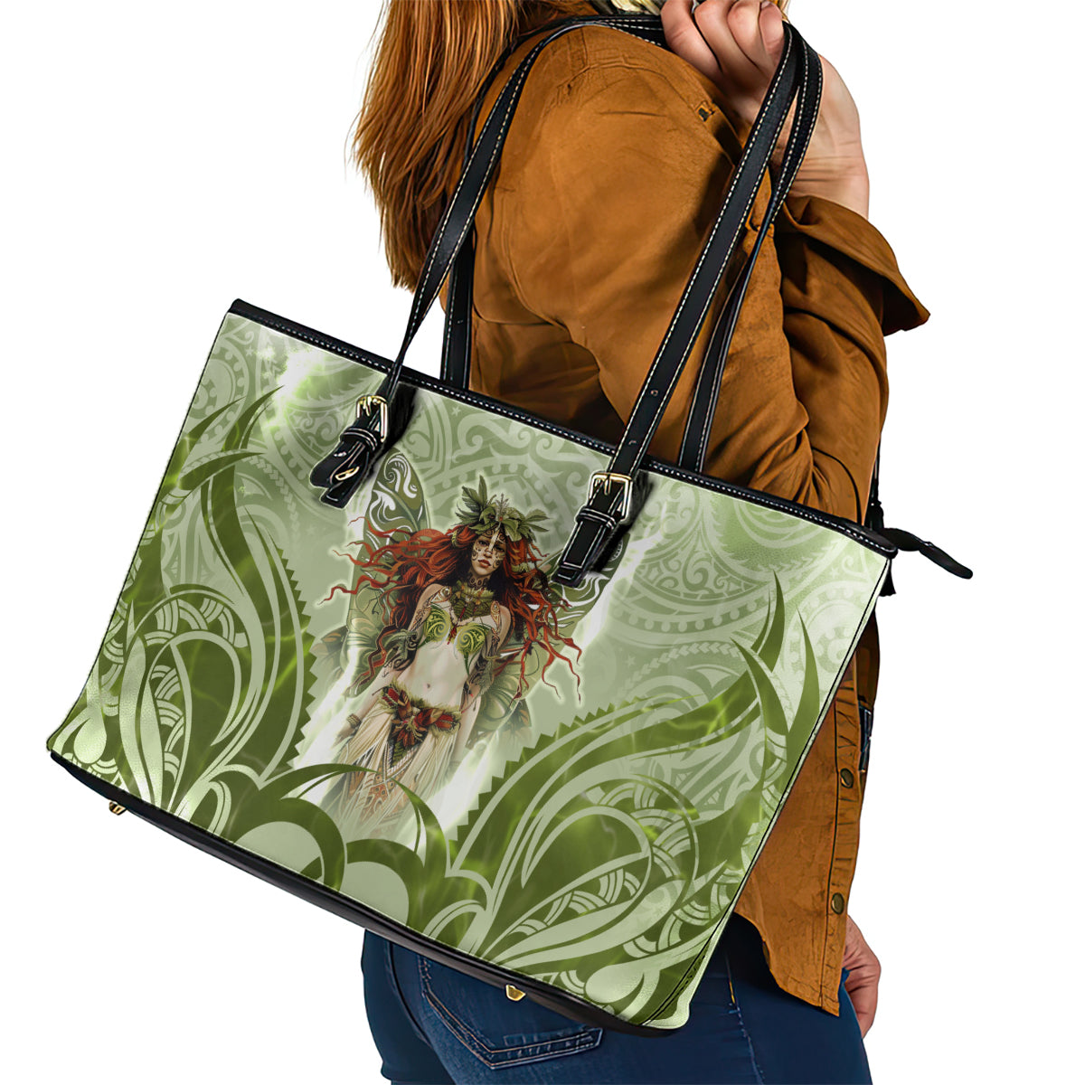 New Zealand Maori Fairy Patupaiarehe Leather Tote Bag Polynesian Style