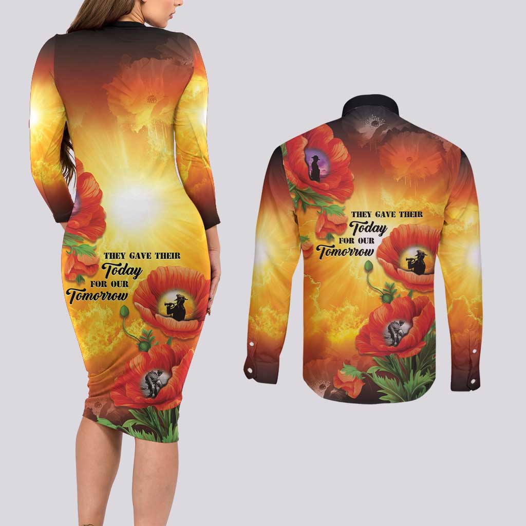 ANZAC Day Red Poppy Couples Matching Long Sleeve Bodycon Dress and Long Sleeve Button Shirt Honoring The ANZAC Spirit